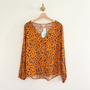 NWT VIXBE Catalen V-Neck Animal Print Long Sleeve Blouse Orange/Black M